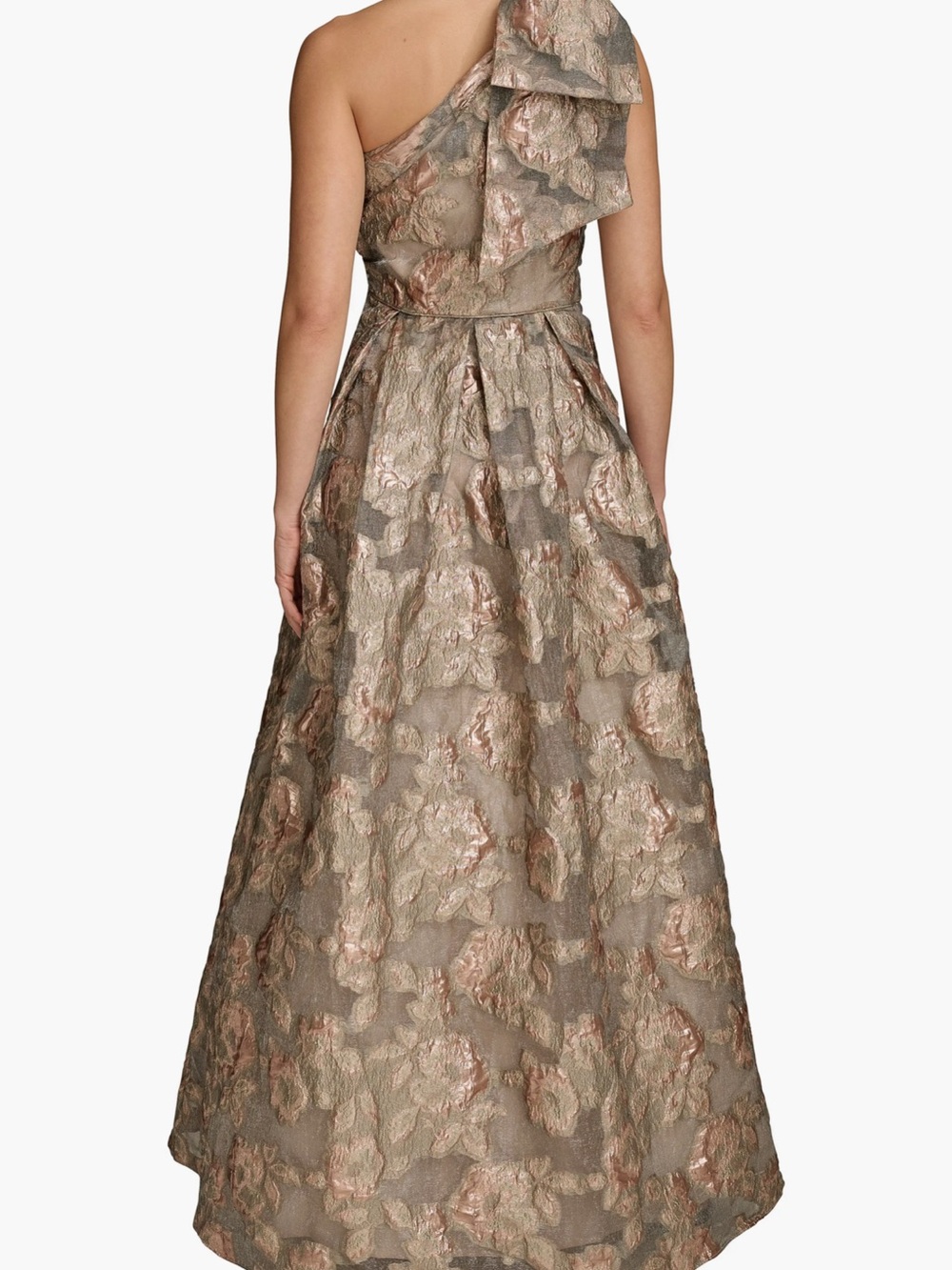 One-Shoulder Metallic Floral Ball Gown in Taupe and Rose - Picture 3 of 9